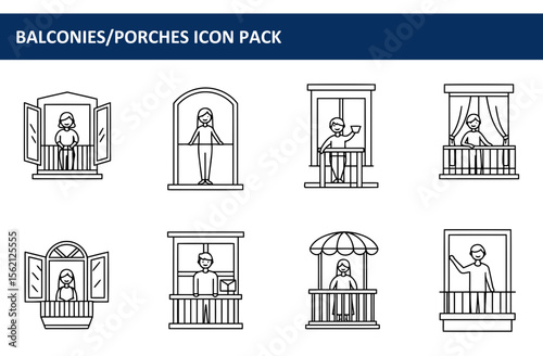 Balcony and Porch Icons for Residential Buildings. Various demographic figures relaxing on diverse outdoor structures.