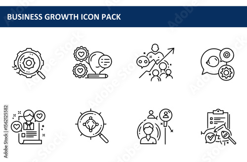 Business growth icons in a variety of themes. Simple line icons showing teamwork, strategy, communication, and growth, for use in presentations, web design and app design.