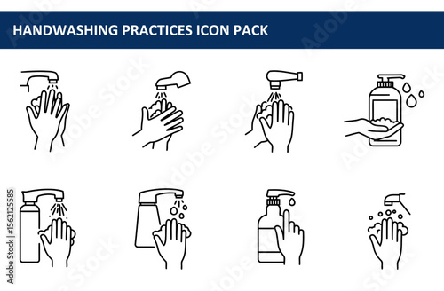 Handwashing practices infographic with various methods. Illustrations depict different handwashing techniques, highlighting the use of water, soap, and dispensers in various settings.
