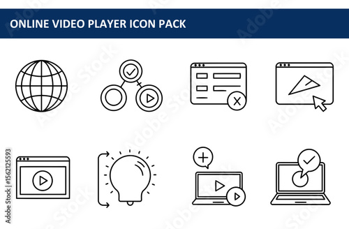 Online video player icon set depicting various actions and functionalities. Simple, line art icons for video streaming, sharing, and management.