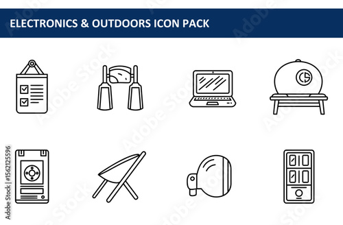 Line art icons of electronics and outdoors equipment. Simple, stylized illustrations of a checklist, binoculars, laptop, gas tank, folding chair, portable light, and a control panel.
