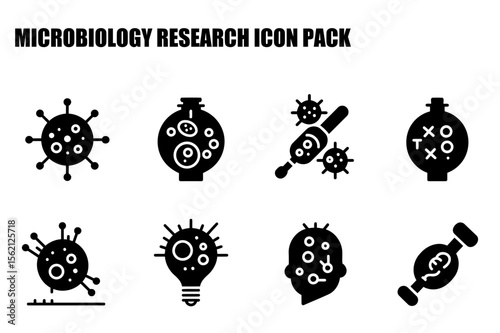 Microbiology research icons depicting various biological elements in a laboratory setting. Detailed representations of bacteria, lab equipment, and scientific processes.