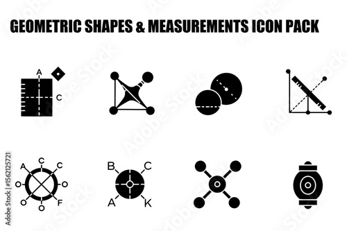 Black and white geometric shapes and measurements icons in a set. Collection of various figures displaying different shapes in a mathematical educational setting.
