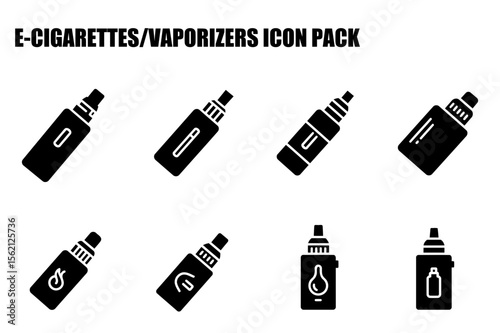 E-cigarette/vaporizer icons in various styles displayed in a grid format. Modern graphic design of various e-cigarette/vaporizer models.