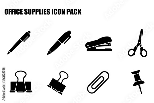 Office supplies icons with no specific demographic details in a simple, minimalist style. Silhouette depiction of various office tools against a white background.