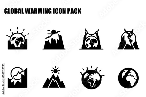 Global warming icon set featuring various stages of environmental change. Simple, symbolic illustrations of Earth with mountain imagery.