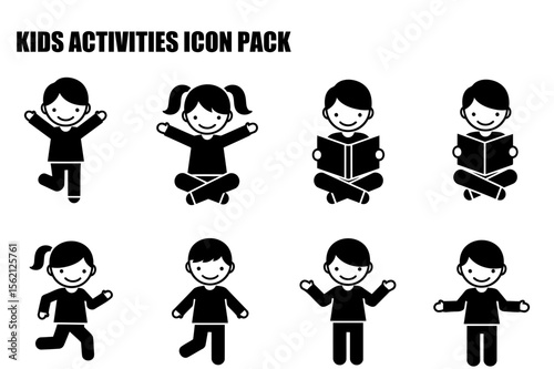 Children of various ages in casual clothing engaged in diverse activities within a simple background. Illustration of children jumping, sitting, reading, and running on a plain white background.