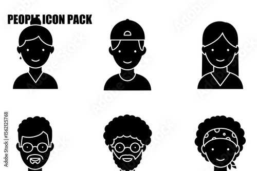 Diverse people icons in various outfits and expressions. Silhouette portraits of people with differing hairstyles, showcasing a variety of ages and ethnicities.