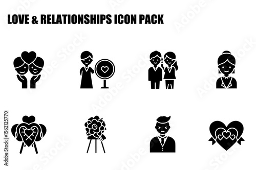 Love & relationships icon pack with diverse couples and symbols. Simple, black-and-white illustrations show various displays of affection and commitment.