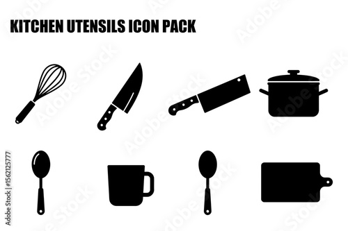 Kitchen utensil icons in a simple, solid black design. Silhouette illustrations of various kitchen tools arranged for use as graphics or icons.