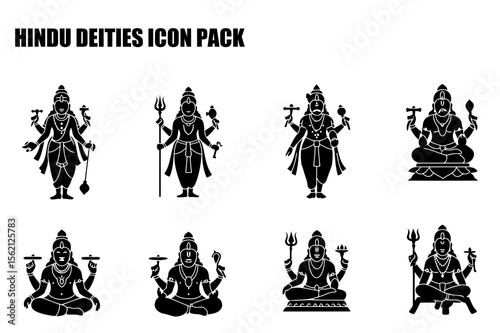 Hindu deities icon pack showcasing various poses and attributes of deities in traditional religious iconography.