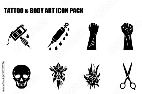 Tattoo and body art icons with diverse applications in various media. Black and white graphic design icons on a white background.