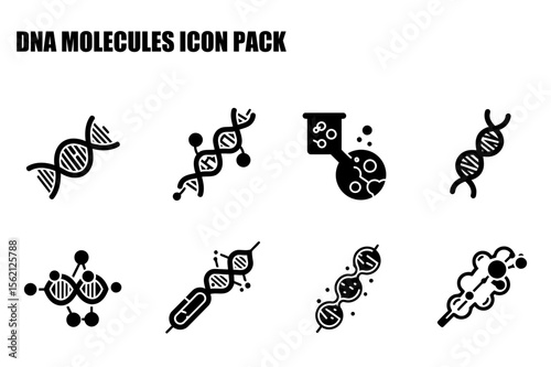 DNA Molecules Icon Pack. Set of simple illustrations of DNA molecules in various scientific settings.