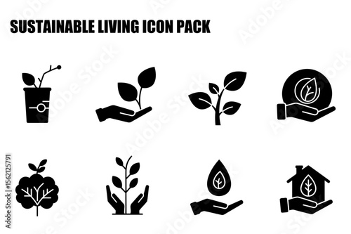 Sustainable living icon pack depicting various environmental actions. Simple, black and white illustrations of plants, hands holding plants, and water droplets for eco-conscious lifestyle.