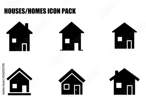 House icons in a graphic design set with various styles. Simple house silhouettes in front of a plain white background.