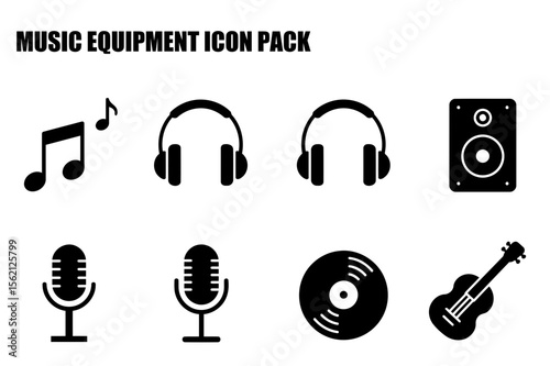 Music equipment icons in various styles. Simple, black and white silhouette illustrations of headphones, speakers, microphones, vinyl records, musical notes and a ukulele.