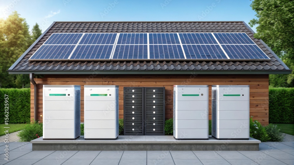 Fototapeta premium A modern wooden building with solar panels on the roof and five large white battery storage units in front, surrounded by greenery.