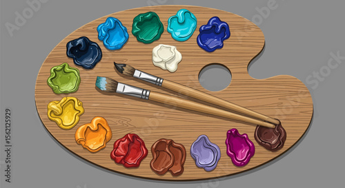 This high-quality vector illustration features a distressed wooden artist's palette with numerous colorful paint blobs and three brushes, emphasizing art, creativity, and studio aesthetics.