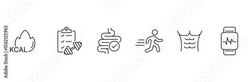 Fitness activity icons for calorie burn tracking digestion workout checklist movement muscle smartwatch health vector illustration set.
