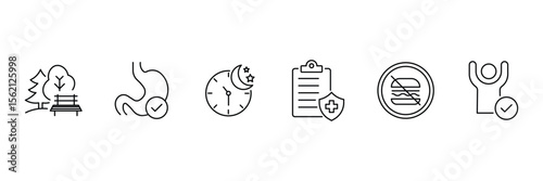 Healthy lifestyle wellness routine icons for balanced habits diet fitness sleep checklist park digestion planning vector illustration.