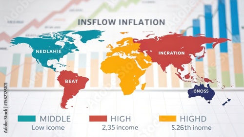 World map illustrating inflow inflation categorized by income levels across regions with corresponding color codes and a background of bar charts.
