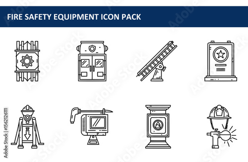 Fire safety equipment icons depicting various tools and structures. Line art illustrations of fire safety equipment for use in advertising, editorial, or informational design.