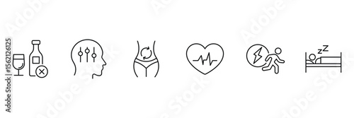 Healthy habits icons for wellness heart sleep energy detox brain mood alcohol free metabolism activity routine vector illustration.