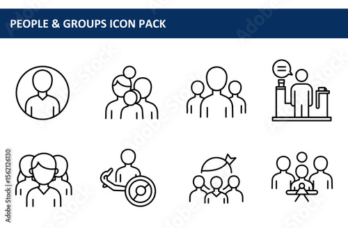 Line art icons of various people and groups in diverse settings. Simple, stylized representations of individuals interacting and working together in professional contexts.