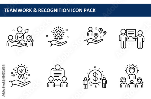 Line icons of diverse teams in business settings, for use in training, slides, or education.