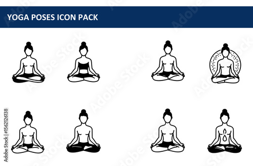 Female yoga poses in various styles in a studio setting. Women in various yoga postures depicted in black and white line art. Yoga instructor + studio. isolated.