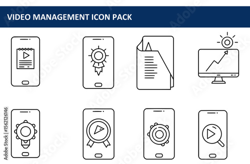 Video management icons set for digital media professionals in a white background. Collection of video management tools and applications displayed in modern flat line style.