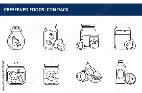 Preserved food icons with various ingredients in glass jars and bottles. Simple, outlined icons displaying different preserved foods, suitable for a food preservation guide or recipe book.