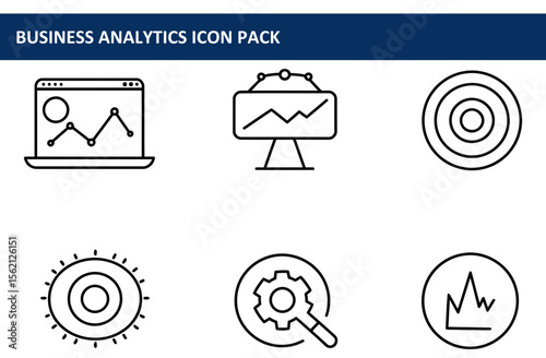 Business analytics icon pack showing various charts and diagrams. Simple, modern, line illustrations display data visualization, strategy, and analysis tools in a clean, professional setting.