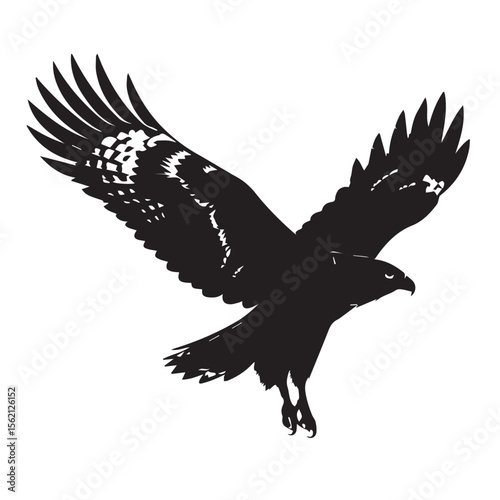 Vector art of a powerful eagle soars through the air, its silhouette stark against a white background