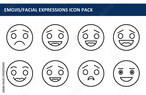 Set of diverse facial expressions for emoji/icon pack design. Various emotions displayed in a simple, outline style.