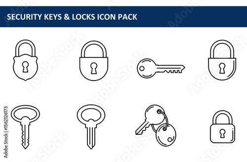 Security keys and locks icon set with no specific demographics or professional roles, displayed in a simple, flat design against a white background.
