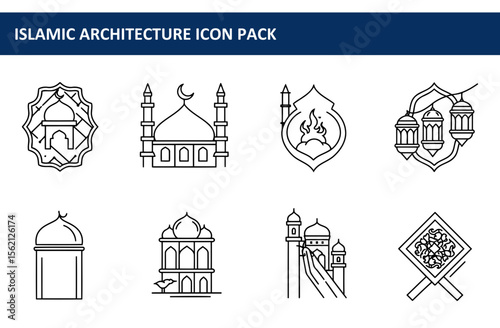 Islamic architecture icon set, displaying various mosque elements in a simple, linear style. Graphic illustrations of religious architecture with varied decorative elements.