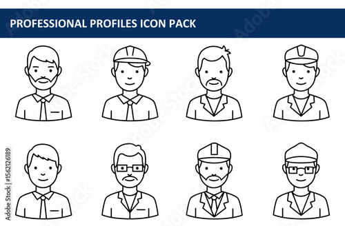 Line art illustration of diverse male professional profiles in various work attire. Portraits of adult men in business casual, construction, engineering, and general labor roles.