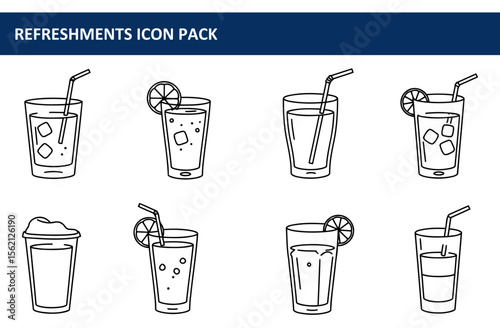 Refreshing beverage icons in various glass and cup formats. Simple line art of different cold drinks, ready to be used for commercial design.