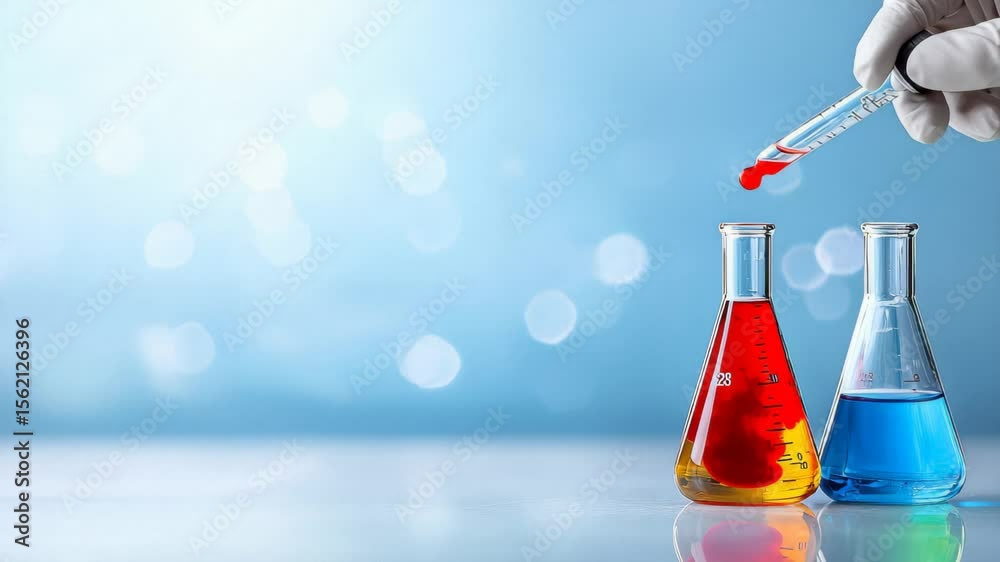 Hand in glove adding red liquid to a laboratory flask with colored solutions. Concept of scientific research, chemistry experiment, innovation, and medical or pharmaceutical testing