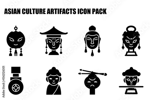 Asian culture artifacts icon set in a flat design. Collection of diverse figures in various poses and settings.