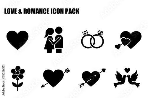 Love and romance icons for Valentines or wedding theme. Simple, black and white silhouette illustrations of various romantic symbols.