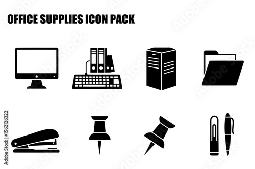 Office supplies icons set in a modern, simple style. Basic shapes and minimalist design for use in various applications.