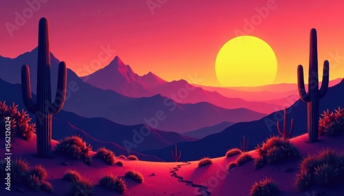 Vibrant desert sunset, stylized mountains, cacti , art, dune