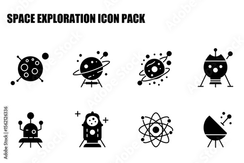 Space exploration icons for educational use in a flat design. Simple, stylized illustrations of planets, spacecraft, and other space-related objects in a clean, modern layout.