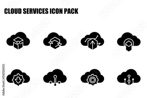 Cloud services icons showcasing various functions in a flat design. Simple, modern icons for cloud storage, data transfer, security, and configuration.