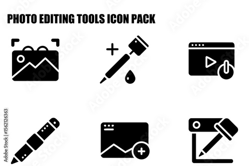 Photo editing tools icons in a simple, black and white style. Set of graphic symbols depicting various photo and video editing tools.