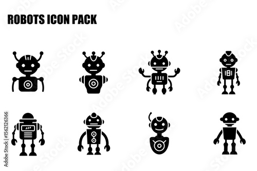Robot icons in various poses with simple, flat design. Collection of diverse robots in different stances, in a digital illustration.