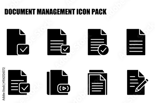 Document management icons with various actions in a flat design. Simple, universally applicable icons with checkmarks, play, and pen symbols indicating approval, playback, and editing functions.