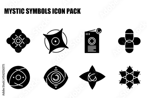 Mystic symbols icon pack, displayed in a grid format. Black and white aesthetic.